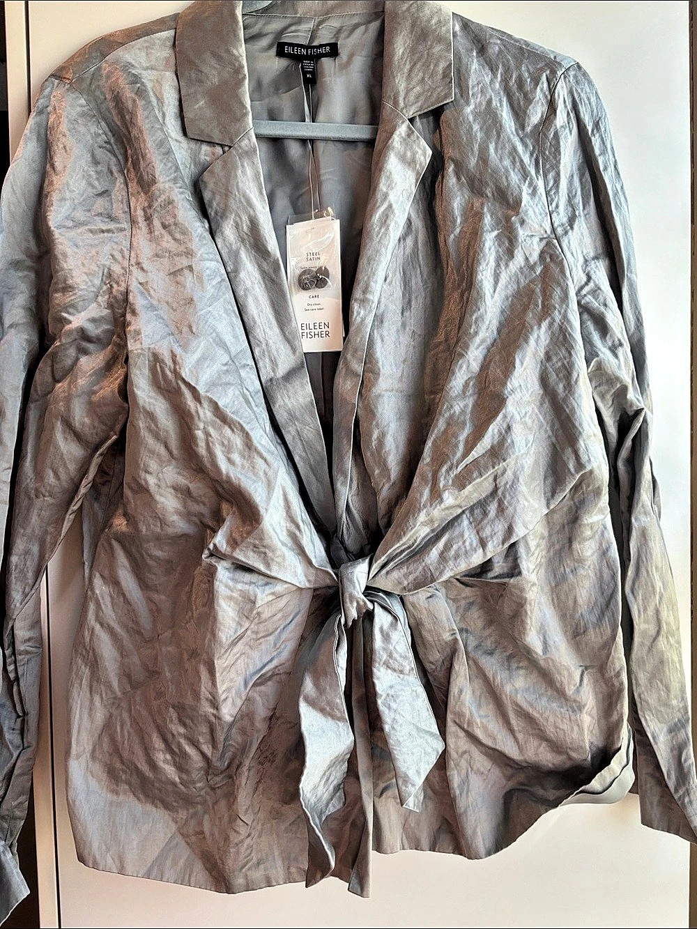 Eileen Fisher Notch Collar Tie Front Jacket in Steel Satin Silver XL